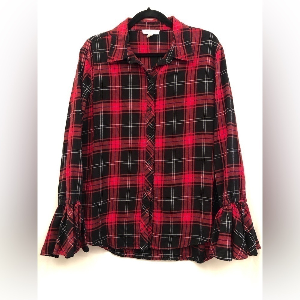 Beachlunchlounge Natalie Red Plaid Button Shirt Bell Sleeves Large
